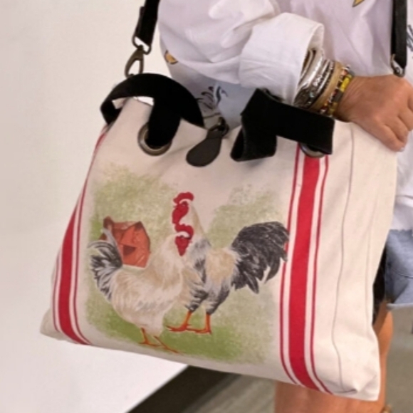 Vintage Addiction Rooster Red French Stripe Canvas Tote Crossbody Bag NEW - Picture 7 of 7